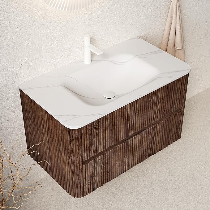 36" Floating Bathroom Vanity with Sink, Wall Mounted Modern Bathroom Cabinet with 2 Soft Close Drawers, Oak & Plywood, Pre-Assembled with Carrara White Basin – Bruges, Retro Walnut/S