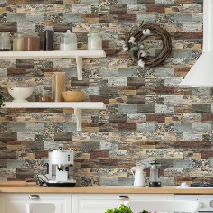 Yipscazo Peel and Stick backsplash 3 x 6 Inches 3D PVC Composite Wall Tile Stick on Backsplash Tile for Kitchen Bathroom, Laundry Room, Fireplace(Rustic Wood, 160 Pieces)