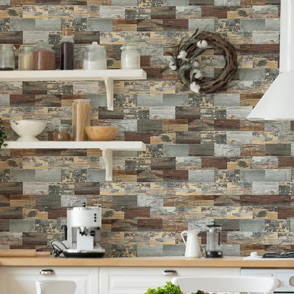 Yipscazo Peel and Stick backsplash 3 x 6 Inches 3D PVC Composite Wall Tile Stick on Backsplash Tile for Kitchen Bathroom, Laundry Room, Fireplace(Rustic Wood, 160 Pieces)
