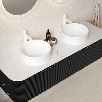 60'' Bathroom Vanities Cabinet with Sink, Wall Mounted Floating Cabinet W/Curved Edges Stripes, Oak Plywood, Soft-Close System with 2 Drawer & 2 White Round Ceramic Basin - Kiel, Black