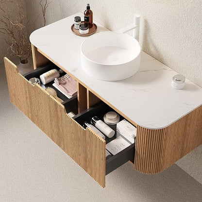 Yayzy 48" Floating Bathroom Vanity with Sink, Solid Wood Fluted Cabinet, White Round Ceramic Basin & Faux Marble Top, Soft-Close Drawer, Pre-Assembled, Natural Woodgrain