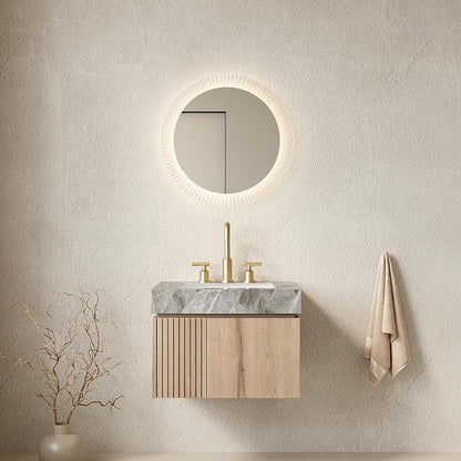 KEIKI 24 Inch Floating Bathroom Vanity with Sink, White Oak & Grey | Modern Wall Mounted Storage Cabinet with 2 Doors, Pre-assembled Wood Panels, Sintered Stone Top & Ceramic Basin Combo Set