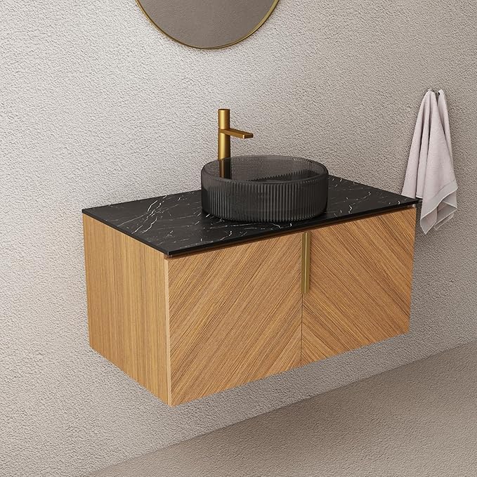 LKTART 36 Inch Bathroom Vanity with Sink, Modern Wall Mounted Bathroom Sink with 2 Doors, Black Sintered Stone Countertop and Black Round Glass Basin, Brown