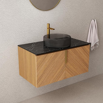 LKTART 36 Inch Bathroom Vanity with Sink, Modern Wall Mounted Bathroom Sink with 2 Doors, Black Sintered Stone Countertop and Black Round Glass Basin, Brown
