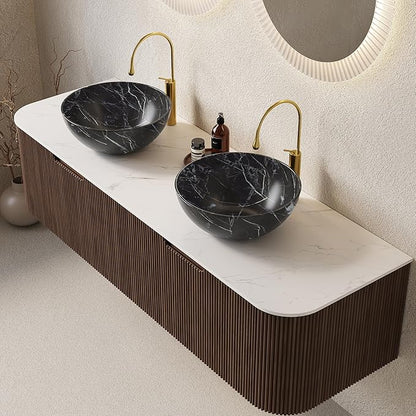 60'' Bathroom Vanities Cabinet with Sink, Wall Mounted Floating Cabinet W/Curved Edges Stripes, Oak Plywood, Soft-Close System with 2 Drawer & 2 Black Bowl Ceramic Basin - Kiel, Dark Walnut/R