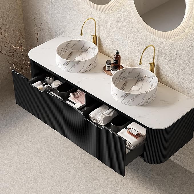 Yayzy 60" Floating Bathroom Vanity with Sink, Solid Wood Fluted Cabinet, White Marble-Patterned Ceramic Basin & Faux Marble Top, Soft-Close Drawer, Pre-Assembled, Gloss Black