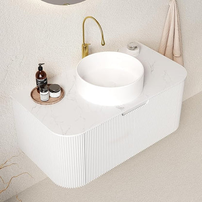 36'' Bathroom Vanities Cabinet with Sink Combo, Wall Mounted Floating Cabinet W/Curved Edges Stripes, Oak Plywood, Soft-Close System with a Drawer, White Round Ceramic Basin - Kiel, White