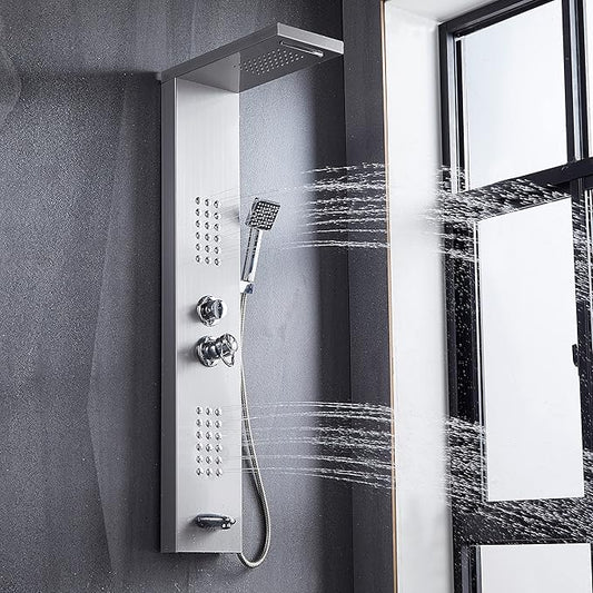 Delavin Stainless Steel Shower Panel Tower System, Wall-Mount Complete Shower Panel with Rainfall Waterfall Shower Head, Massage Body Jets, Tub Spout, Handheld Shower, Brushed Nickel