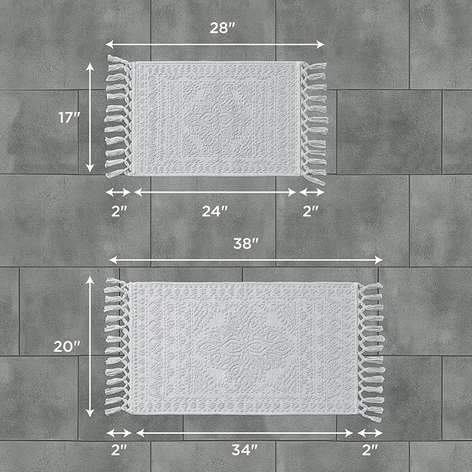 French Connection Nellore Bath Rugs, Set of 2 Woven and Beaded Bath Mats, Durable and Thick Bath Mats for Bathroom and Shower Rugs, 17" x 28" and 20" x 38", Light Grey