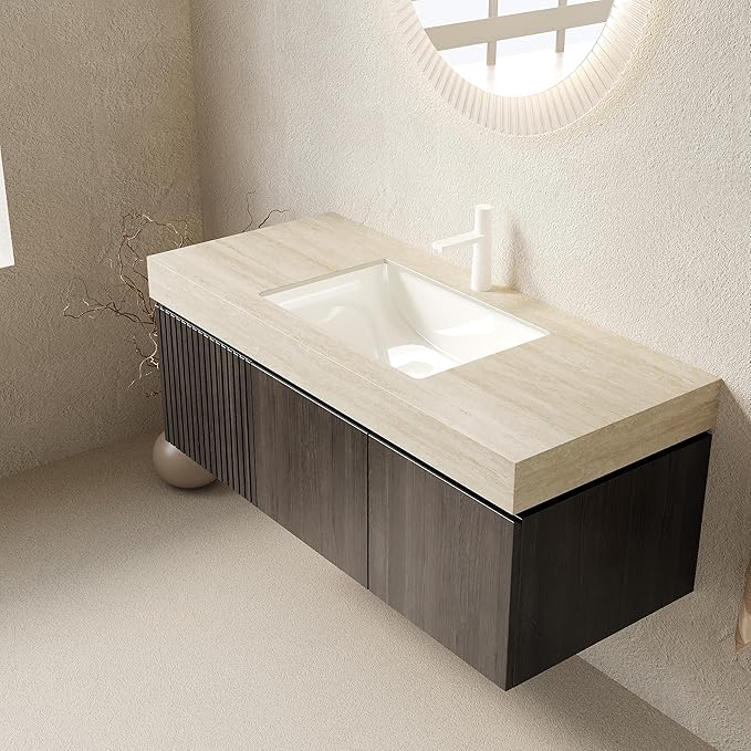 Ambrovina 48 inch Floating Bathroom Vanity with Sink, Wall Mounted Storage Vanities with Drawer and 2 Doors, Roma Travertine-Pattern Countertop and Ceramic Basin, Pre-Assembled, Espresso Woodgrain