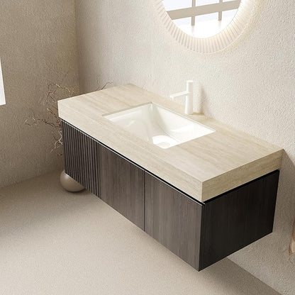 Ambrovina 48 inch Floating Bathroom Vanity with Sink, Wall Mounted Storage Vanities with Drawer and 2 Doors, Roma Travertine-Pattern Countertop and Ceramic Basin, Pre-Assembled, Espresso Woodgrain