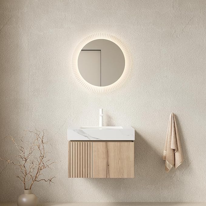 KEIKI 24 Inch Floating Bathroom Vanity with Sink, White Oak & White | Modern Wall Mounted Storage Cabinet with 2 Doors, Pre-assembled Wood Panels, Sintered Stone Top & Ceramic Basin Combo Set