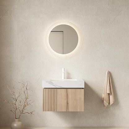 KEIKI 24 Inch Floating Bathroom Vanity with Sink, White Oak & White | Modern Wall Mounted Storage Cabinet with 2 Doors, Pre-assembled Wood Panels, Sintered Stone Top & Ceramic Basin Combo Set