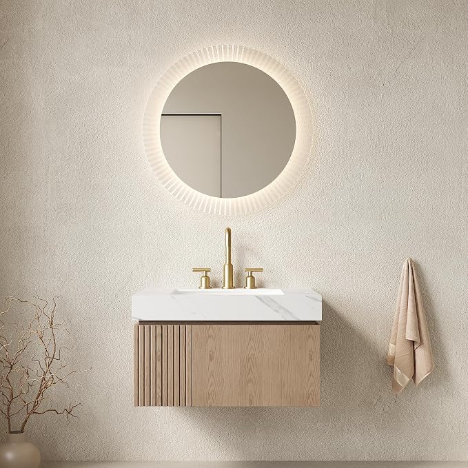KEIKI 30 Inch Floating Bathroom Vanity with Sink, Light Brown & White | Modern Wall Mounted Storage Cabinet w/ Drawer & Door, Pre-assembled Wood Panels, Sintered Stone Top & Ceramic Basin Combo Set