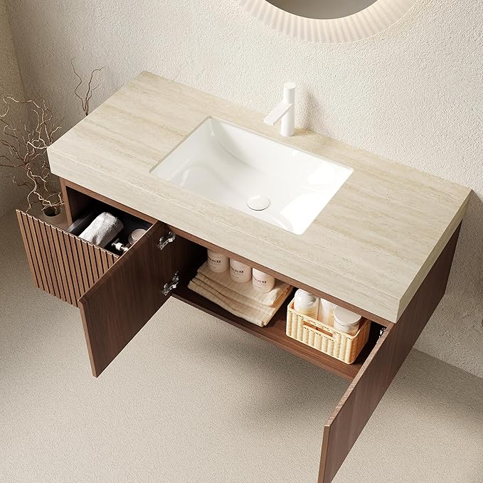 Ambrovina 48" Floating Bathroom Vanity with Sink, Modern Plywood Bathroom Storage Cabinet with Drawer and 2 Door, Roma Travertine Sintered Stone Countertop with Ceramic Basin, Pre-Assembled, Dark Oak