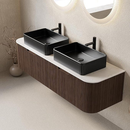 Yayzy 60" Floating Bathroom Vanity with Sink, Solid Wood Fluted Cabinet, Black Fluted Square Ceramic Basin & Faux Marble Top, Soft-Close Drawer, Pre-Assembled, Walnut Woodgrain