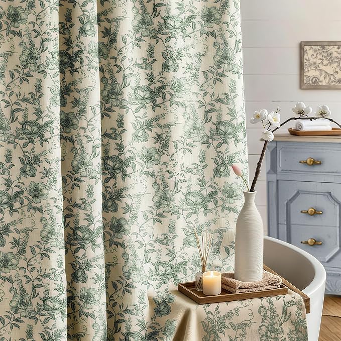 Farmhouse Sage Green Floral Shower Curtain with 12 Clear Rings 72"W x 84"L | Fabric Faux Linen Shower Curtain Set, Vintage Cottagecore Shower Curtain for Bathroom