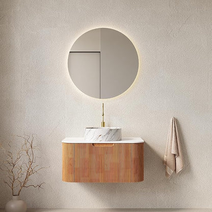 Yayzy 30" Floating Bathroom Vanity with Sink, Solid Wood Fluted Cabinet, White Marble-Patterned Ceramic Basin & Faux Marble Top, Soft-Close Drawer, Pre-Assembled, Natural Woodgrain