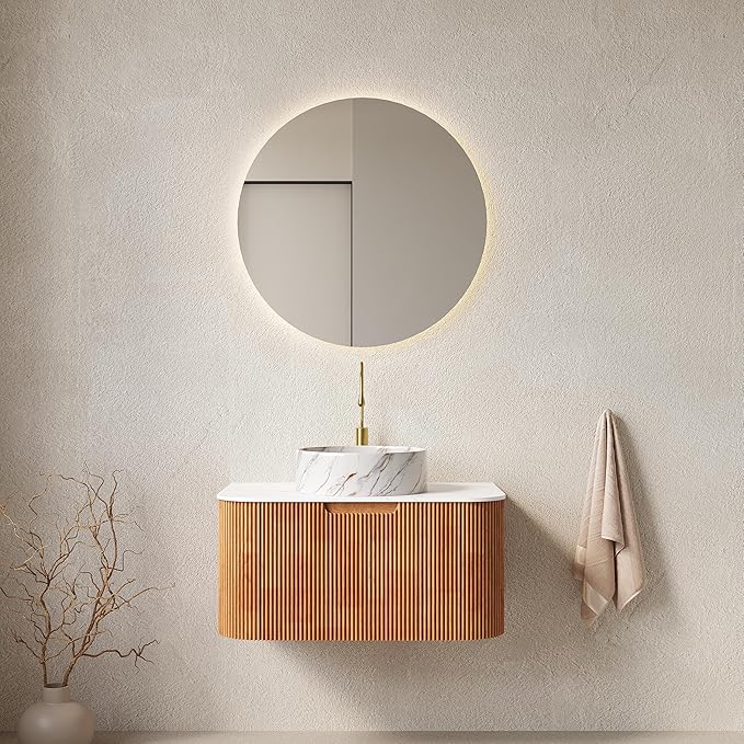 30'' Floating Vanity with Sink Combo, Modern Wall-Mounted Curved Edges Striped Bathroom Storage Cabinet with Soft-Close Drawer and White Stone Pattern Basin, Natural Walnut