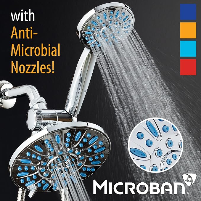 Antimicrobial/Anti-Clog High-Pressure 30-setting Rainfall Shower Combo by AquaDance with Microban Nozzle Protection from Growth of Mold Mildew & Bacteria for Stronger Shower! Wave Blue | Enjoy More Power & Better Shower Hygiene with Lifetime Antimicrib...