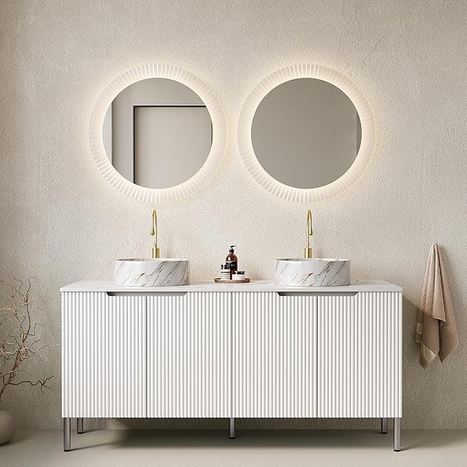 Ambrovina 60" Bathroom Vanity with Double Sink, Freestanding Bathroom Storage Cabinet with 4 Soft-Closing Doors, 2 White Round Ceramic Basins and Carrara White Sintered Stone Countertop, White