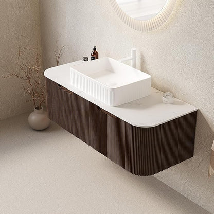 48" Floating Bathroom Vanity with Sink, Wall-Mount Cabinet with 2 Large Storage Drawer, White Rectangular Ceramic Basins and Marble Top, Soft-Close Design, Dark Walnut