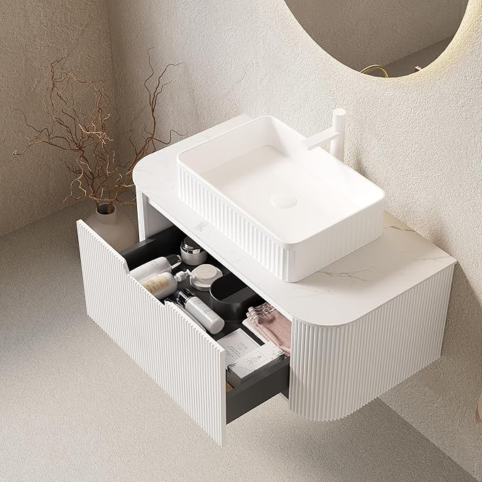 Yayzy 36" Floating Bathroom Vanity with Sink, Solid Wood Fluted Cabinet, White Fluted Square Ceramic Basin & Faux Marble Top, Soft-Close Drawer, Pre-Assembled, White