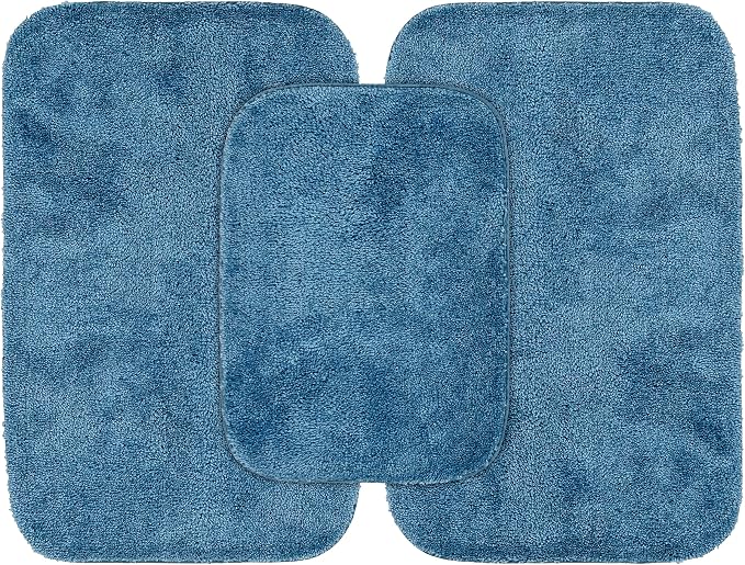 Garland Rug Traditional Nylon Washable Basin Blue 3 Bath Rugs (17" X 24", 21" X 34", 21" X 34") - Soft, Absorbent, and Stylish for Your Bathroom