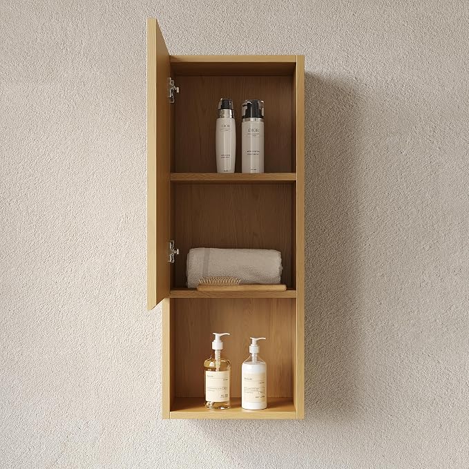 KEIKI Bathroom Wall Cabinet with Soft-Close Doors & Open Shelf, Golden Oak | Premium Wood Medicine Cabinet, Narrow Storage Cabinet for Bathroom Kitchen Laundry Room