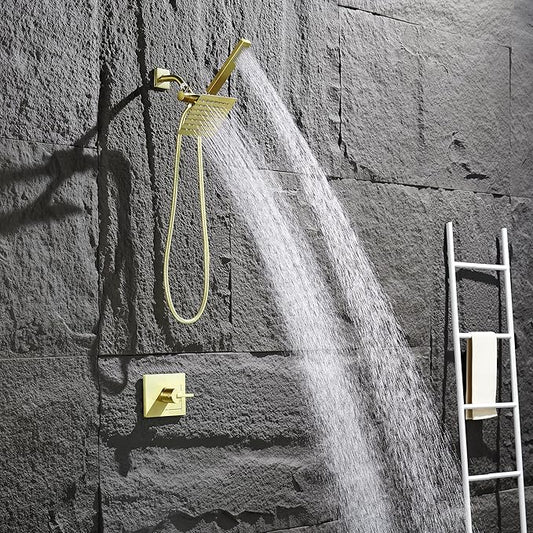 Brushed Gold Shower Fixtures - Dual shower Heads with Handheld Spray Combo, All Metal 6" Dual Head & 3-Way Diverter.