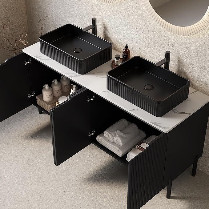 Ambrovina 60" Bathroom Vanity with Double Sink, Freestanding Bathroom Storage Cabinet with 4 Soft-Closing Doors, Rectangular Ceramic Basin and Carrara White Sintered Stone Countertop, Gloss Black