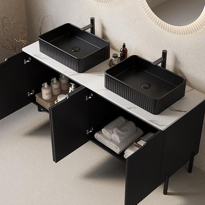 Ambrovina 60" Bathroom Vanity with Double Sink, Freestanding Bathroom Storage Cabinet with 4 Soft-Closing Doors, Rectangular Ceramic Basin and Carrara White Sintered Stone Countertop, Gloss Black