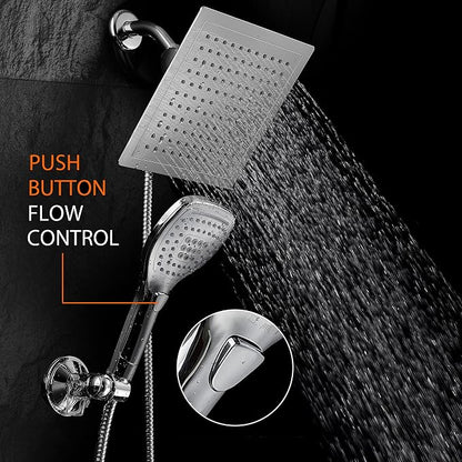 Dream Spa Ultra-Luxury 9" Rainfall Shower Head/Handheld Combo. Convenient Push-Button Flow Control Button for easy one-handed operation. Switch flow settings with the same hand! Premium Chrome | Enjoy Extra-wide Flow Coverage and Convenient Push-button...