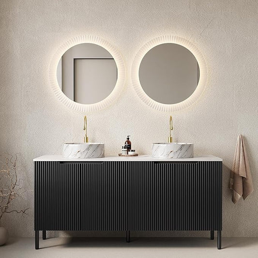 Ambrovina 60" Bathroom Vanity with Double Sink, Freestanding Bathroom Storage Cabinet with 4 Soft-Closing Doors, 2 White Round Ceramic Basins and Carrara White Sintered Stone Countertop, Gloss Black