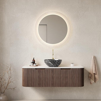 48'' Bathroom Vanities Cabinet with Sink Combo, Wall Mounted Floating Cabinet W/Curved Edges Stripes, Oak Plywood, Soft-Close System with 2 Drawer & Black Bowl Ceramic Basin - Kiel, Dark Walnut/R