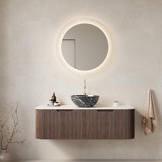 48'' Bathroom Vanities Cabinet with Sink Combo, Wall Mounted Floating Cabinet W/Curved Edges Stripes, Oak Plywood, Soft-Close System with 2 Drawer & Black Bowl Ceramic Basin - Kiel, Dark Walnut/R