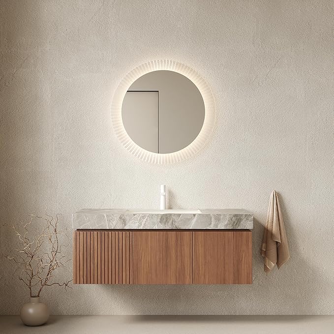 KEIKI 48 Inch Floating Bathroom Vanity with Sink, Modern Wall Mounted Storage Cabinet with Drawer, Pre-Assembled Waterproof Wood Panels, Sintered Stone Top & Ceramic Basin Combo Set, Brown Oak & Grey