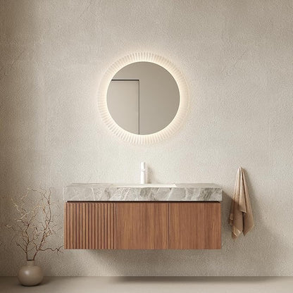 KEIKI 48 Inch Floating Bathroom Vanity with Sink, Modern Wall Mounted Storage Cabinet with Drawer, Pre-Assembled Waterproof Wood Panels, Sintered Stone Top & Ceramic Basin Combo Set, Brown Oak & Grey