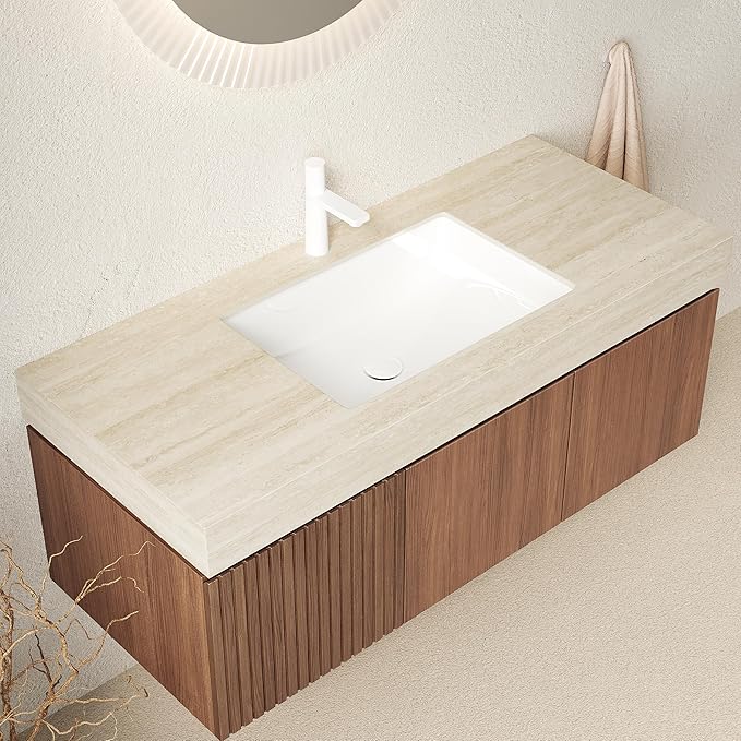 Ambrovina 48" Floating Bathroom Vanity with Sink, Modern Plywood Bathroom Storage Cabinet with Drawer and 2 Door, Roma Travertine Sintered Stone Countertop with Ceramic Basin, Pre-Assembled, Dark Oak