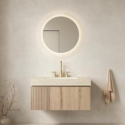 KEIKI 36 Inch Floating Bathroom Vanity with Sink, Modern Wall Mounted Storage Cabinet with Drawer, Pre-assembled Waterproof Wood Panels, Sintered Stone Top & Ceramic Basin Combo Set, White Oak & Beige