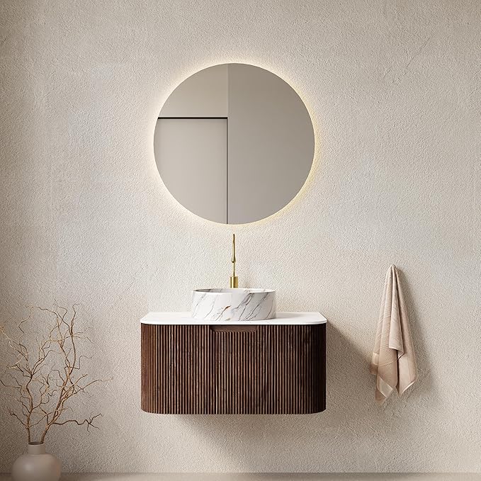 30'' Floating Vanity with Sink Combo, Modern Wall-Mounted Curved Edges Striped Bathroom Storage Cabinet with Soft-Close Drawer and White Stone Pattern Basin, Dark Walnut