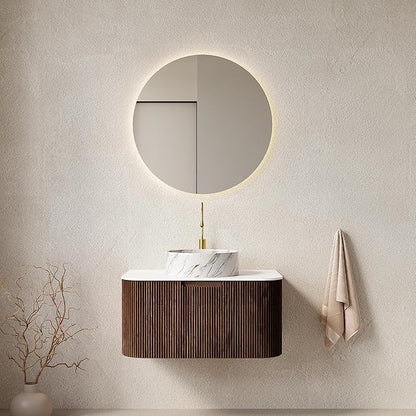 30'' Floating Vanity with Sink Combo, Modern Wall-Mounted Curved Edges Striped Bathroom Storage Cabinet with Soft-Close Drawer and White Stone Pattern Basin, Dark Walnut