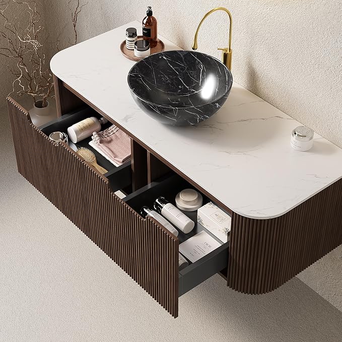 Yayzy 48" Floating Bathroom Vanity with Sink, Solid Wood Fluted Cabinet, White Marble-Patterned Ceramic Basin & Faux Marble Top, Soft-Close Drawer, Pre-Assembled, Walnut Woodgrain