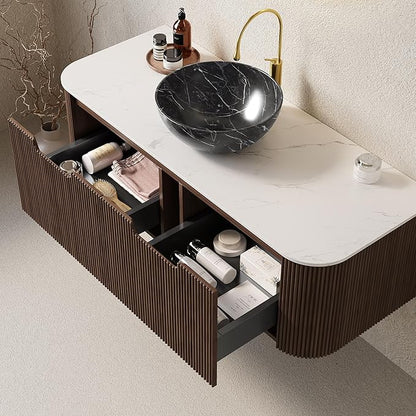 Yayzy 48" Floating Bathroom Vanity with Sink, Solid Wood Fluted Cabinet, White Marble-Patterned Ceramic Basin & Faux Marble Top, Soft-Close Drawer, Pre-Assembled, Walnut Woodgrain
