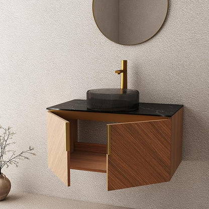 LKTART 36 Inch Bathroom Vanity with Sink, Modern Wall Mounted Bathroom Sink with 2 Doors, Black Sintered Stone Countertop and Black Round Glass Basin, Brown