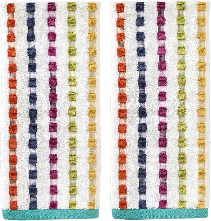 SKL Home Good Vibes Hand Towel Set-2pc, Premium 100% Cotton, Multi | 550 GSM weight. Soft & absorbent terry with colorful stripes. For use in the bathroom, kitchen, bar or any sink space.