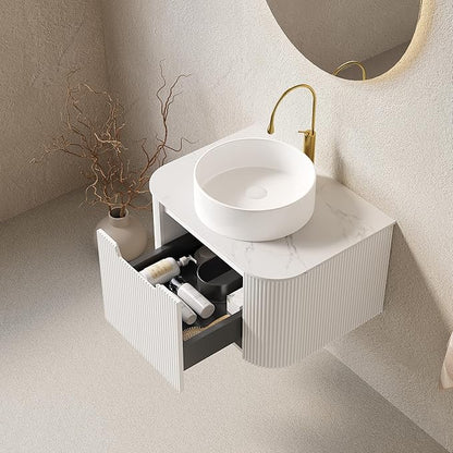24" Floating Bathroom Vanity with Sink, Modern Bathroom Storage Cabinet with Ultra-Thin Ceramic Basin and Marble Counterop, Extra Large Storage Drawer, Soft-Close Design, White