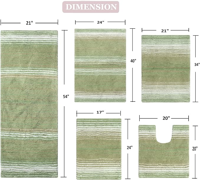 Home Weavers 100% Cotton Gradiation Collection Bathroom Décor | Washable Rug | Bathroom Mat | Kitchen Mat | Bathroom Rug Set | Bath Mat Set | Bath Floor Mat Non Slip, 5 Piece Set with Contour, Sage