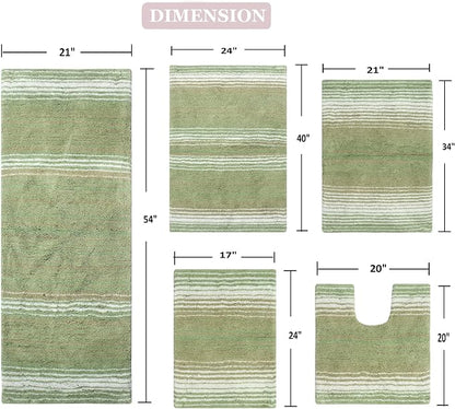 Home Weavers 100% Cotton Gradiation Collection Bathroom Décor | Washable Rug | Bathroom Mat | Kitchen Mat | Bathroom Rug Set | Bath Mat Set | Bath Floor Mat Non Slip, 5 Piece Set with Contour, Sage