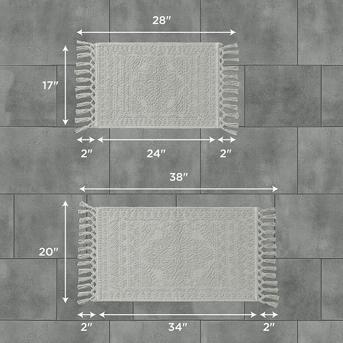 French Connection Nellore Bathroom Rugs, Set of 2 Woven and Beaded Bathroom Mats, Durable Bath Rugs, Thick Bath Mats for Bathroom and Shower Rugs, 17" x 28" and 20" x 38", Medium Grey